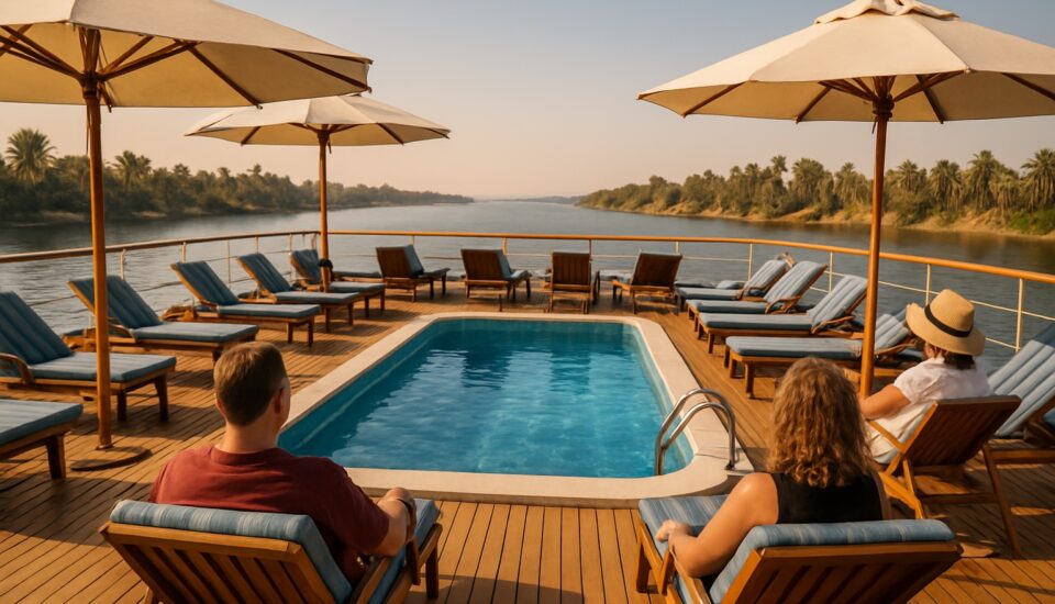 Sonnendeck mit Pool auf einem Nilschiff mit Blick auf den Nil