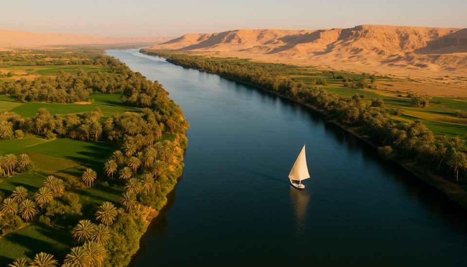 Luftaufnahme des Nils mit Feluke zwischen gruenen Ufern und Wueste bei Luxor