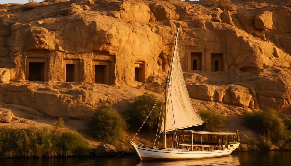 Sandsteinfelsen mit antiken Steinbrüchen und Felsenkapellen am schmalen Nilufer bei Gebel el-Silsila