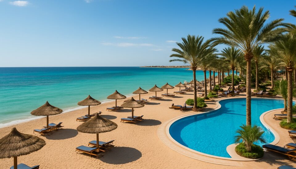 Strandresort mit Pool und tuerkisem Meer in Hurghada (Symbolbild)