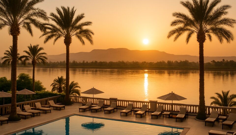 Hotel-Poolterrasse mit Nilblick bei Sonnenuntergang in Luxor (Symbolbild)
