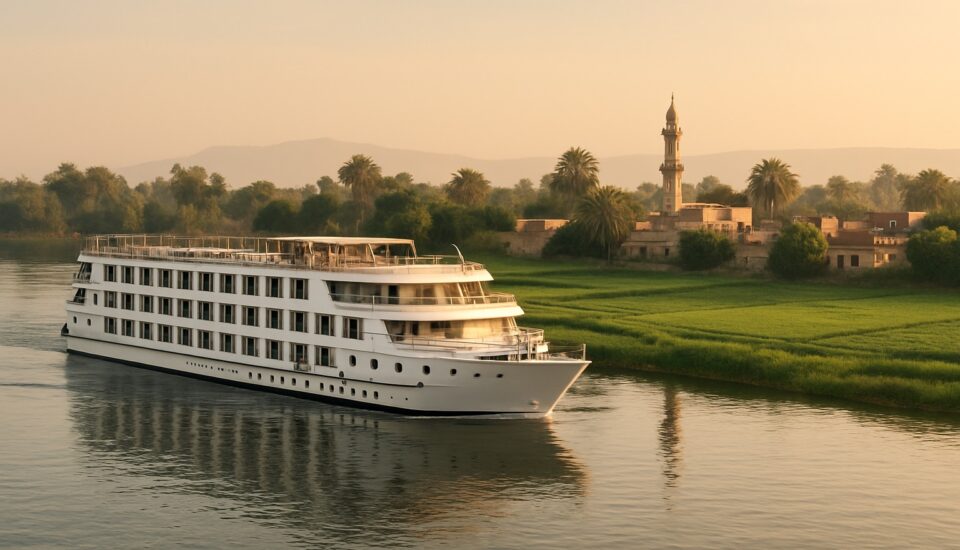 Nilkreuzfahrtschiff faehrt an gruenen Ufern vorbei (Symbolbild)