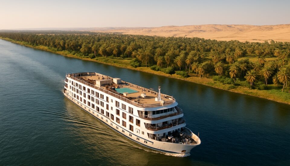 Nilkreuzfahrtschiff auf dem Nil aus der Vogelperspektive (Symbolbild)