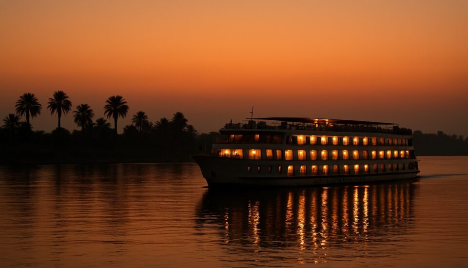 Nilkreuzfahrtschiff mit beleuchteten Fenstern in der Daemmerung (Symbolbild)