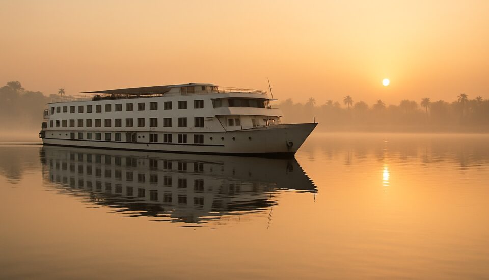 Nilkreuzfahrtschiff auf spiegelglattem Nil bei Sonnenaufgang (Symbolbild)